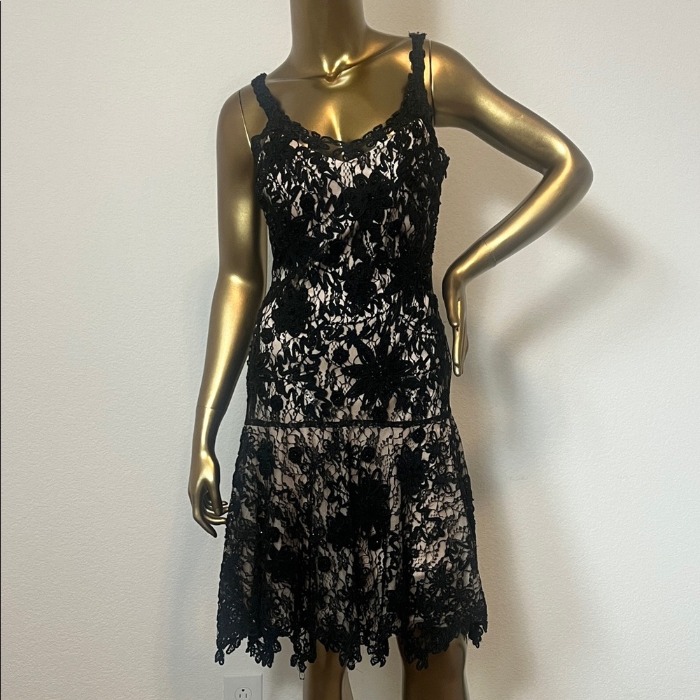Sue Wong Couture Black Lace Beaded Sleeveless Drop Waist Dress